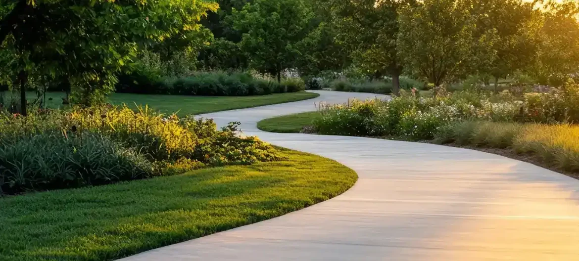 Winding concrete walkway surrounded by grass