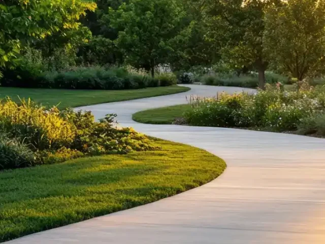Winding concrete walkway surrounded by grass