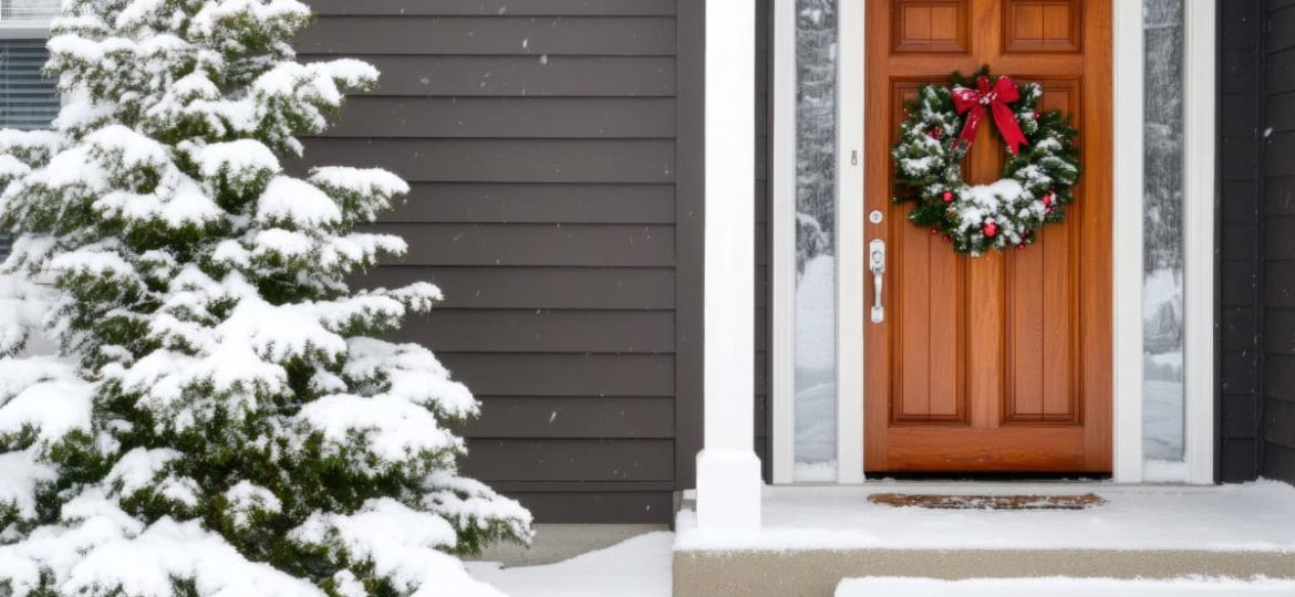 residential concrete construction project with snow and holiday decorations