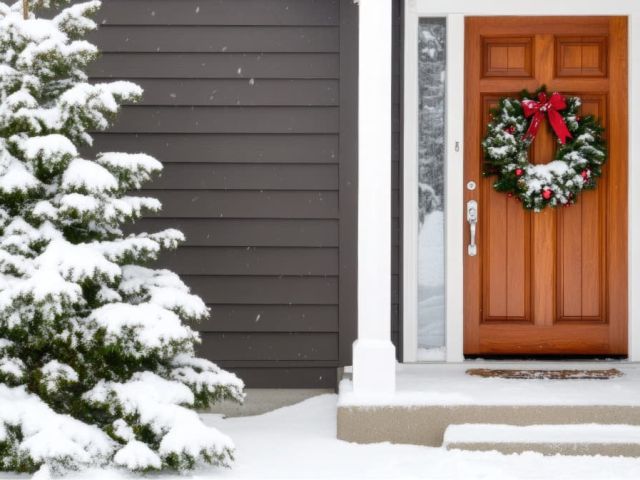 residential concrete construction project with snow and holiday decorations